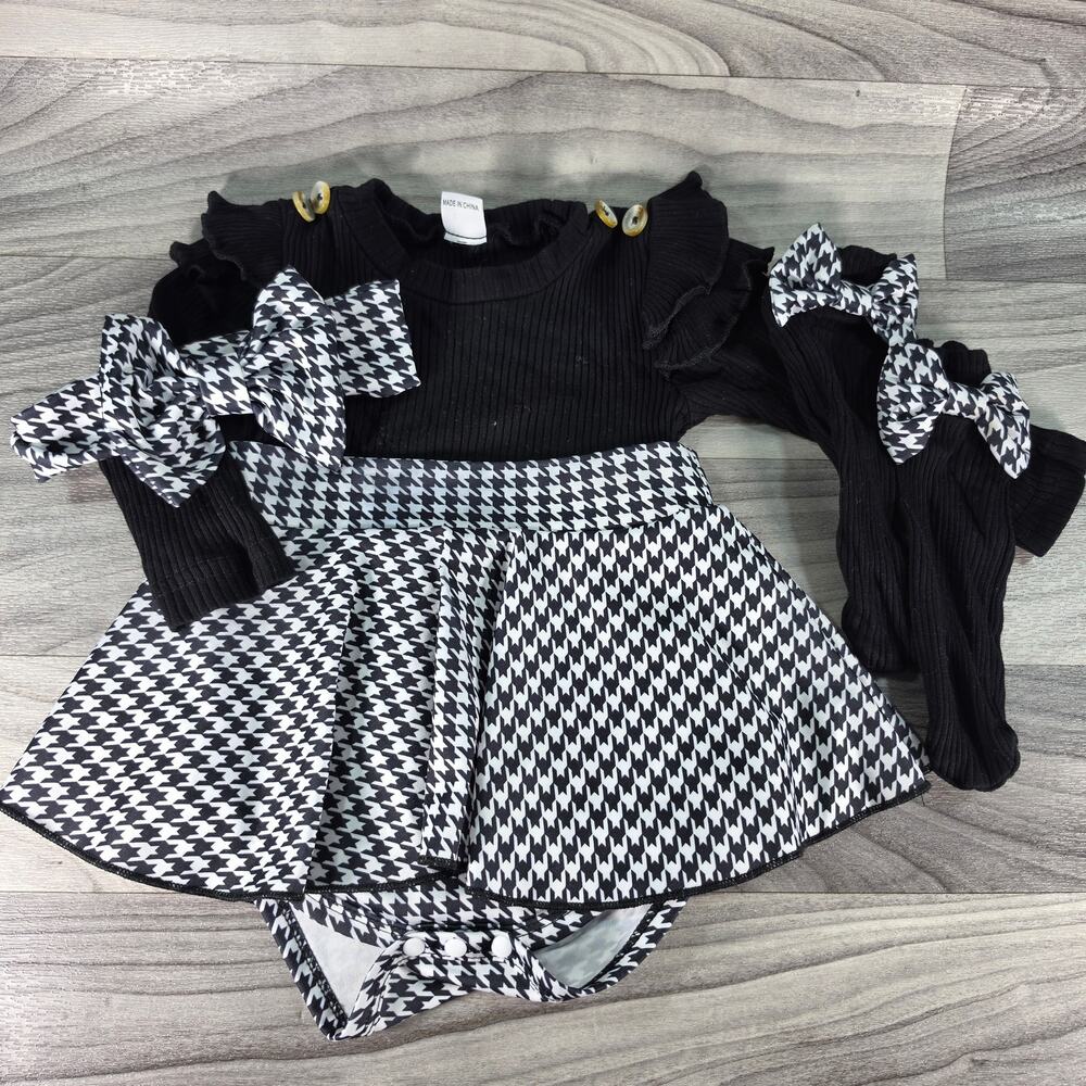 Houndstooth Skirted Romper Set Black White Bow Socks 9-12M 3 Pc Photoshoot